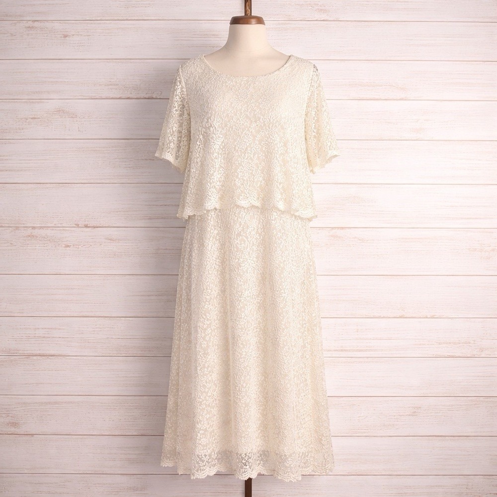 Vintage Ivory Lace Dress 1X Sheer Overlay 90s Romantic‎ Boho Cottagecore Minimal